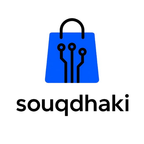 Logo of souqdhaki with a blue shopping bag icon on a white background